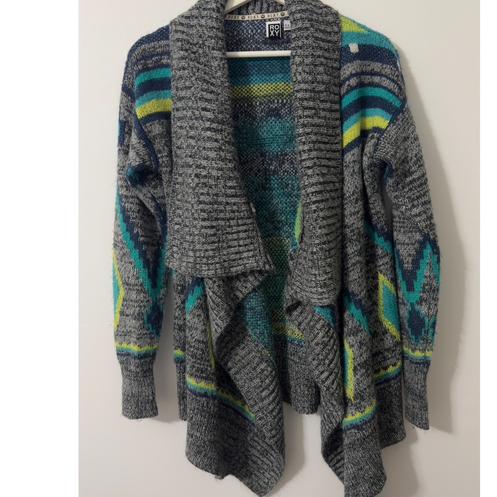 Roxy Geometric Southwestern Cardigan Womens M Grey Teal Open Front Boho Aztec